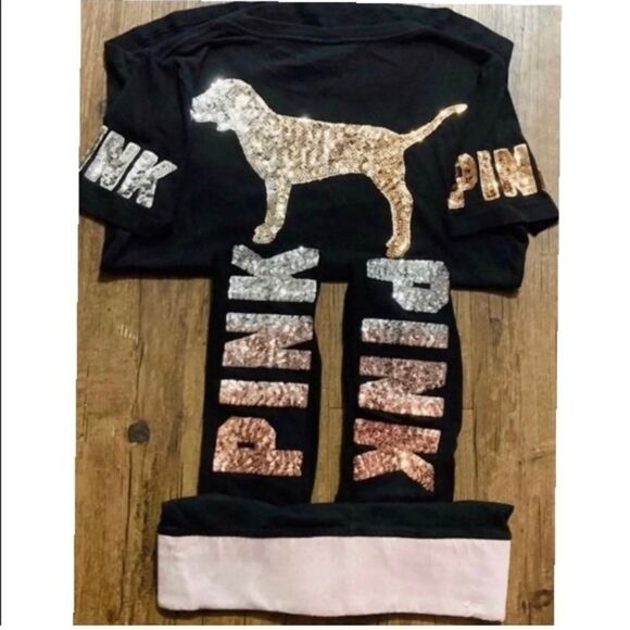 VS PINK OMBRÉ BLING TSHIRT/ YOGA LEGGINGS OUTFIT SET S - Picture 1 of 12